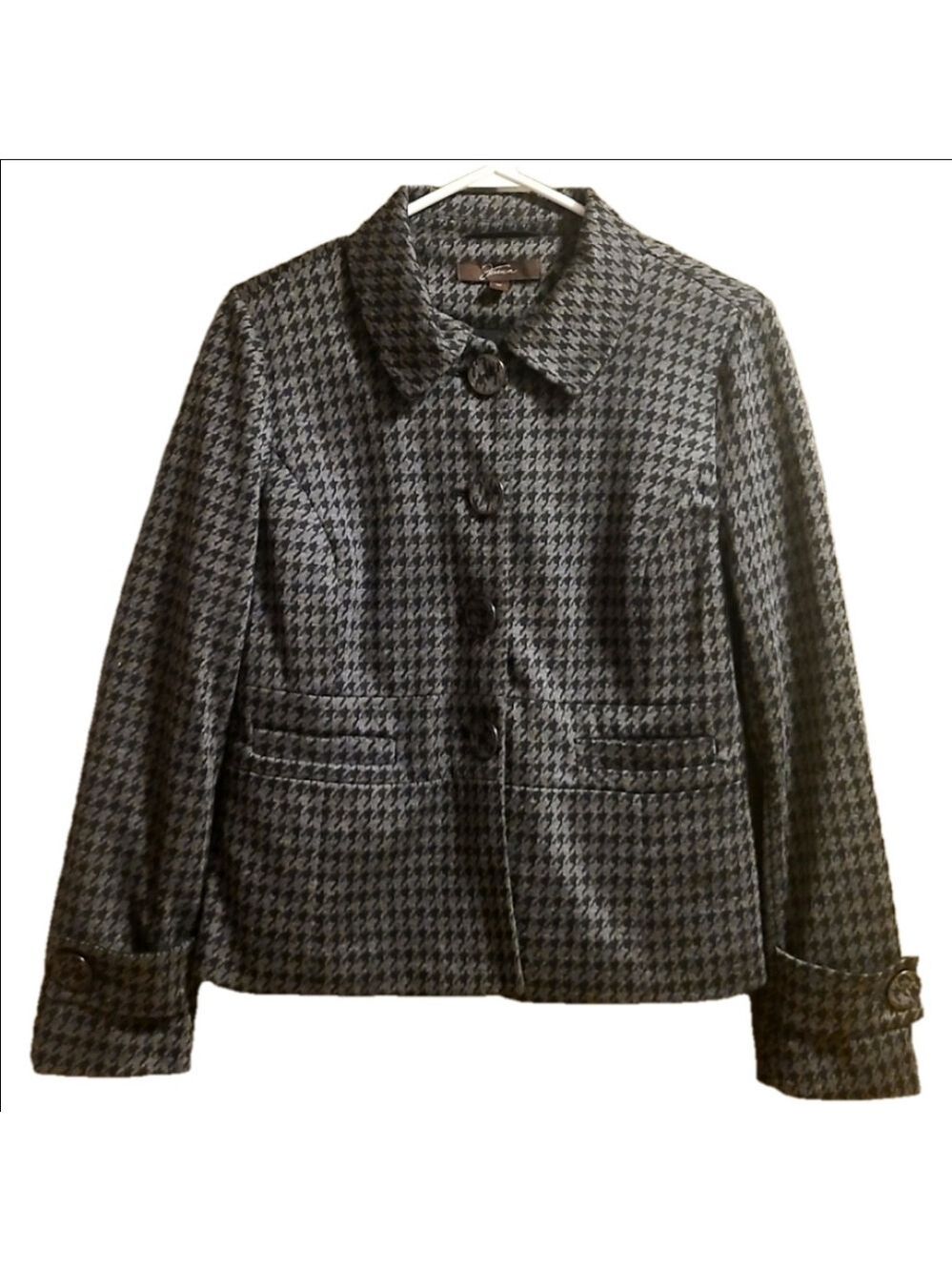 Jessica Houndstooth Blazer Button Down Pockets Black Gray Check Print Petite 8P